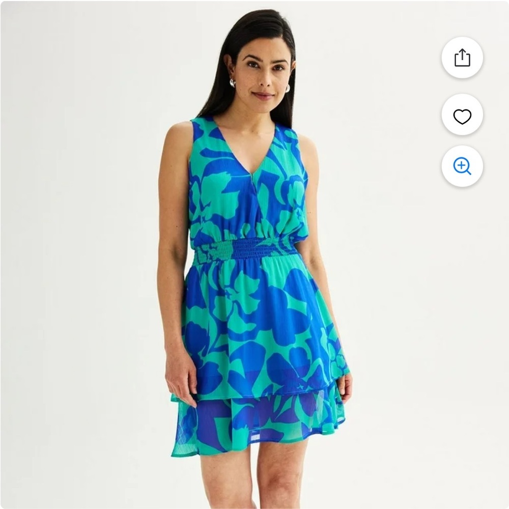NINE WEST Floral Dress Large Mini Tropical V-Neck Lined Sleeveless Cruise Beachy